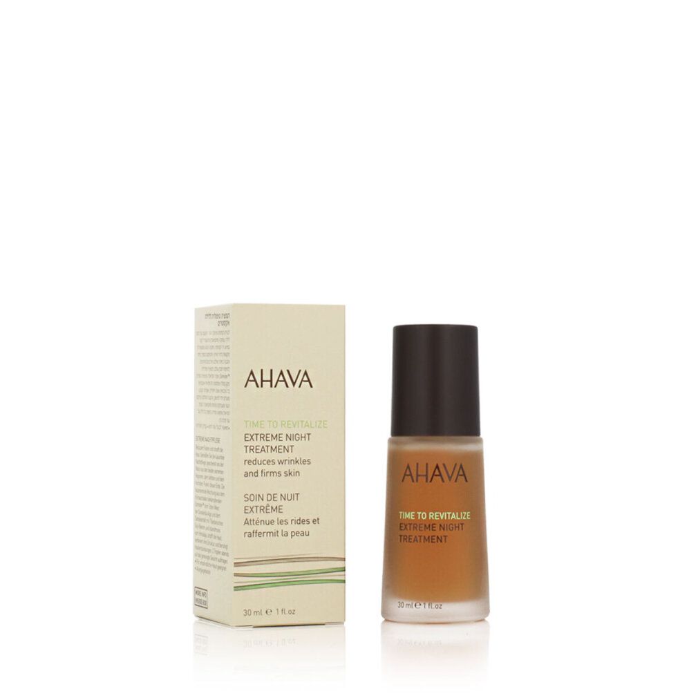 Ahava Time To Revitalize Extreme Night Treatment. Flasche und Verpackung. Braune Kappe, gelbliche Flüssigkeit. 30 ml.