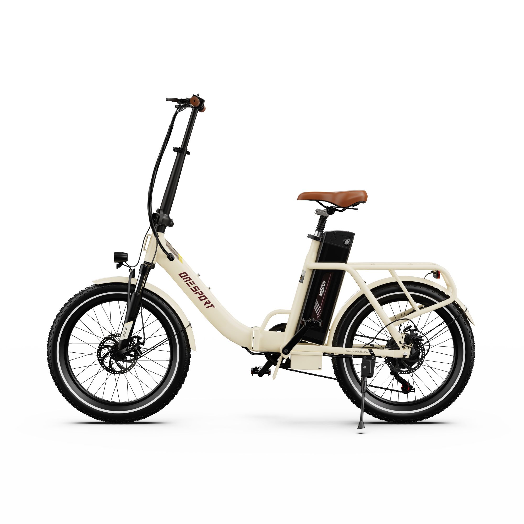 Beige Elektrofahrrad mit braunem Sattel und Lenker. ONESPORT-Logo. Schwarze Reifen und Akku.