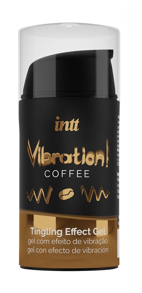 Zylindrische Flasche mit schwarzem Pumpkopf. Produktname: Vibration! Coffee Tingling Effect Gel. Marke: INTT.