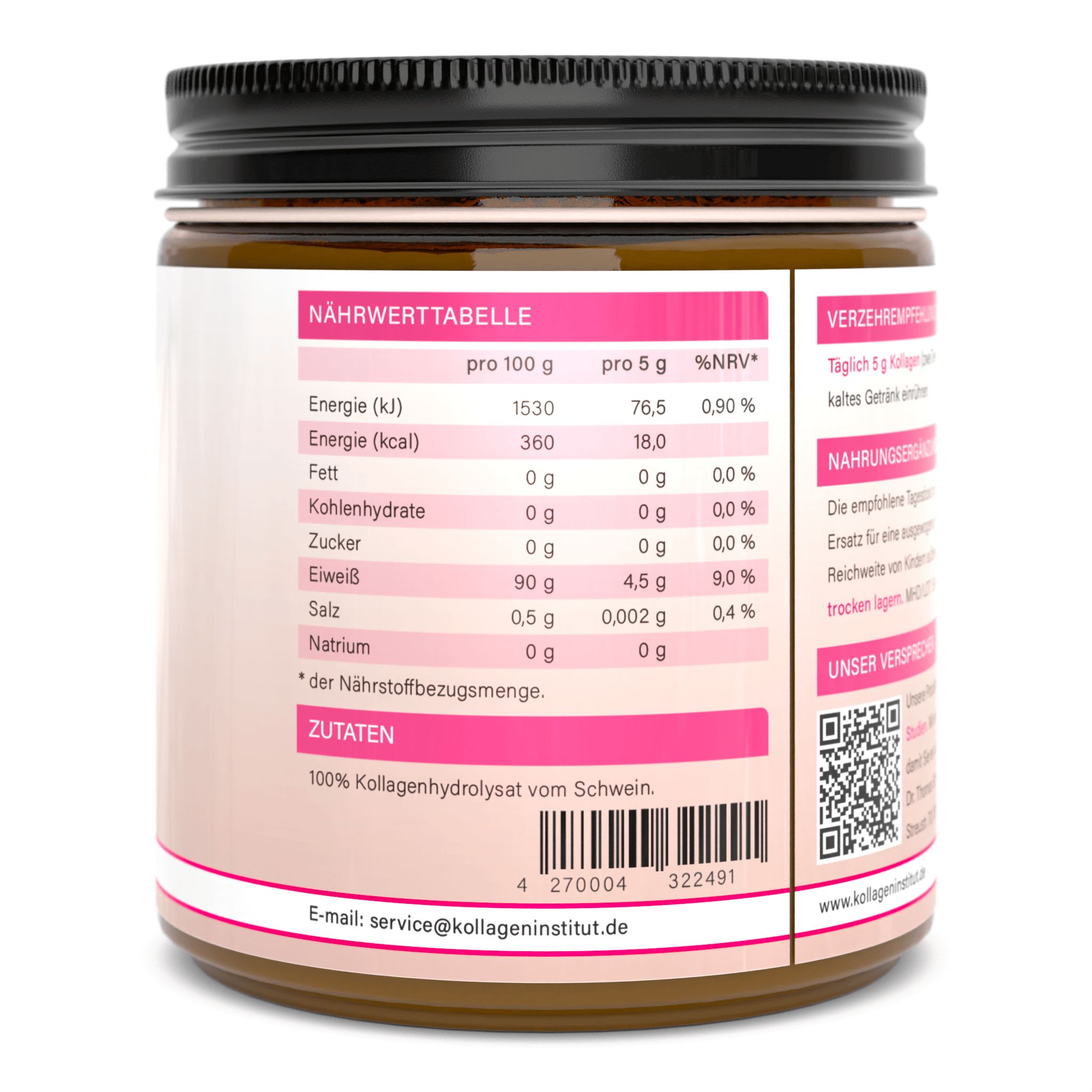 Nährwerttabelle auf rosa Etikett. Angaben pro 100g und 5g. Enthält Informationen zu Energie, Fett, Kohlenhydraten, Zucker, Eiweiß, Salz, Natrium.