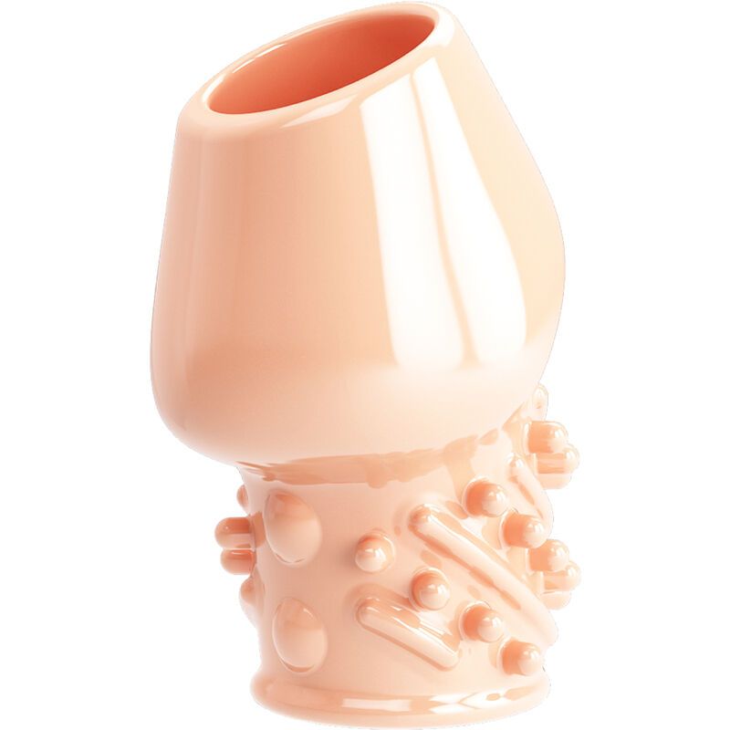 Fleischfarbene, zylindrische Hülle mit texturierter Oberfläche. Oben abgeschrägt, unten mit Noppen und Rippen.