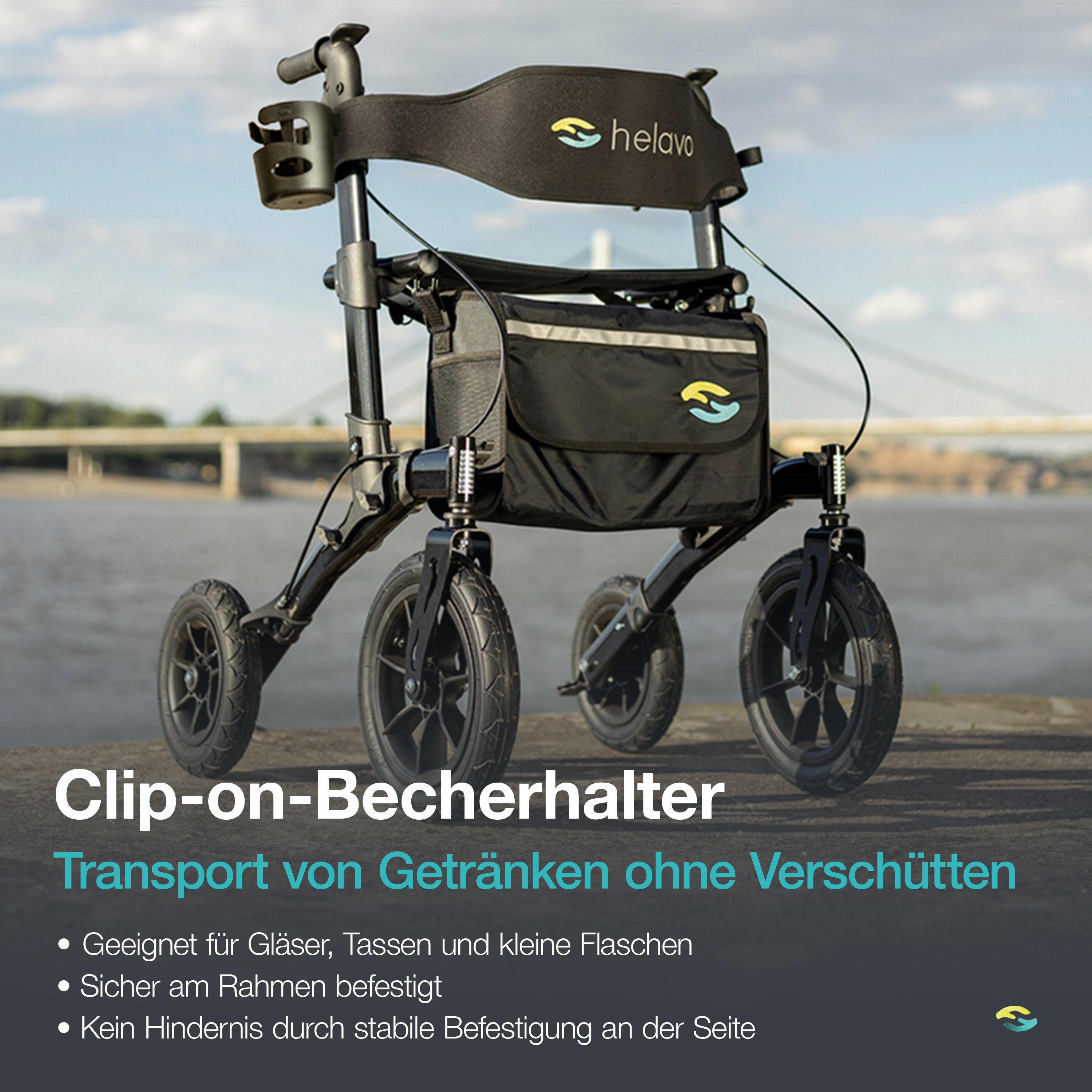 Rollator mit Clip-on-Becherhalter für Getränke, sicher am Rahmen befestigt.