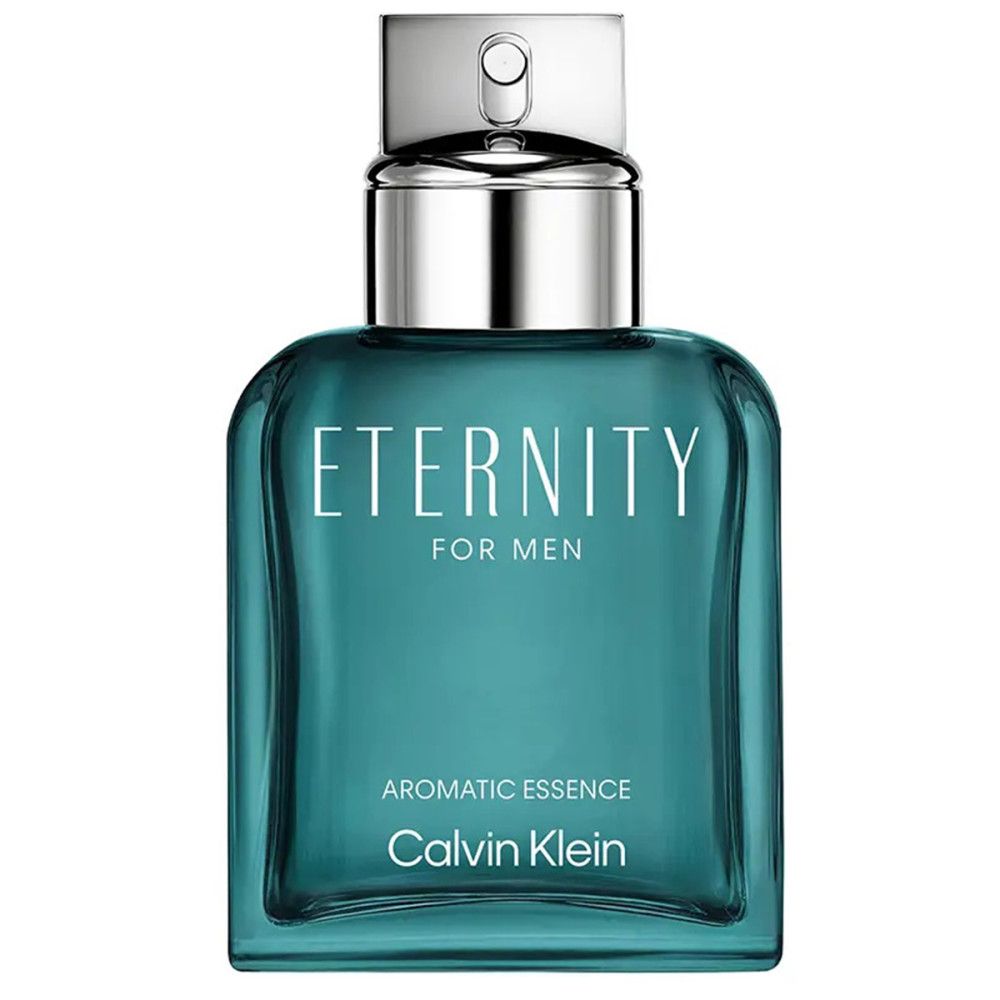Türkisgrüner Flakon mit silbernem Verschluss. Schriftzug: Eternity for Men Aromatic Essence. Marke: Calvin Klein.