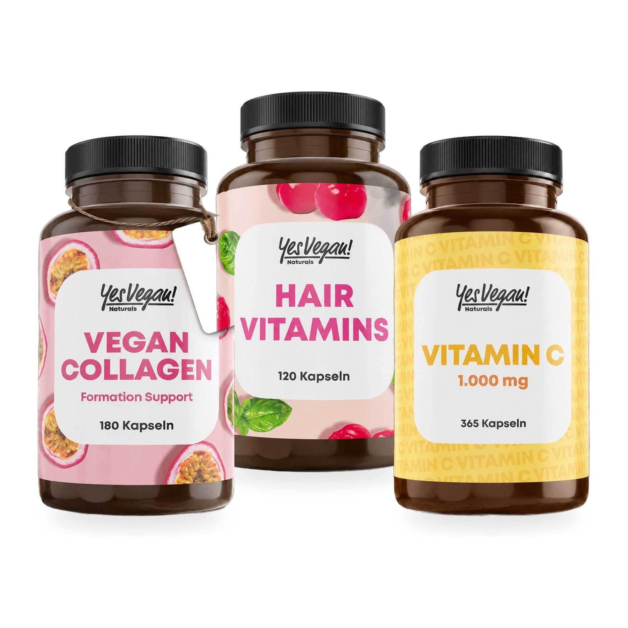 Drei Flaschen YesVegan! Nahrungsergänzungsmittel: Vegan Collagen, Hair Vitamins und Vitamin C.