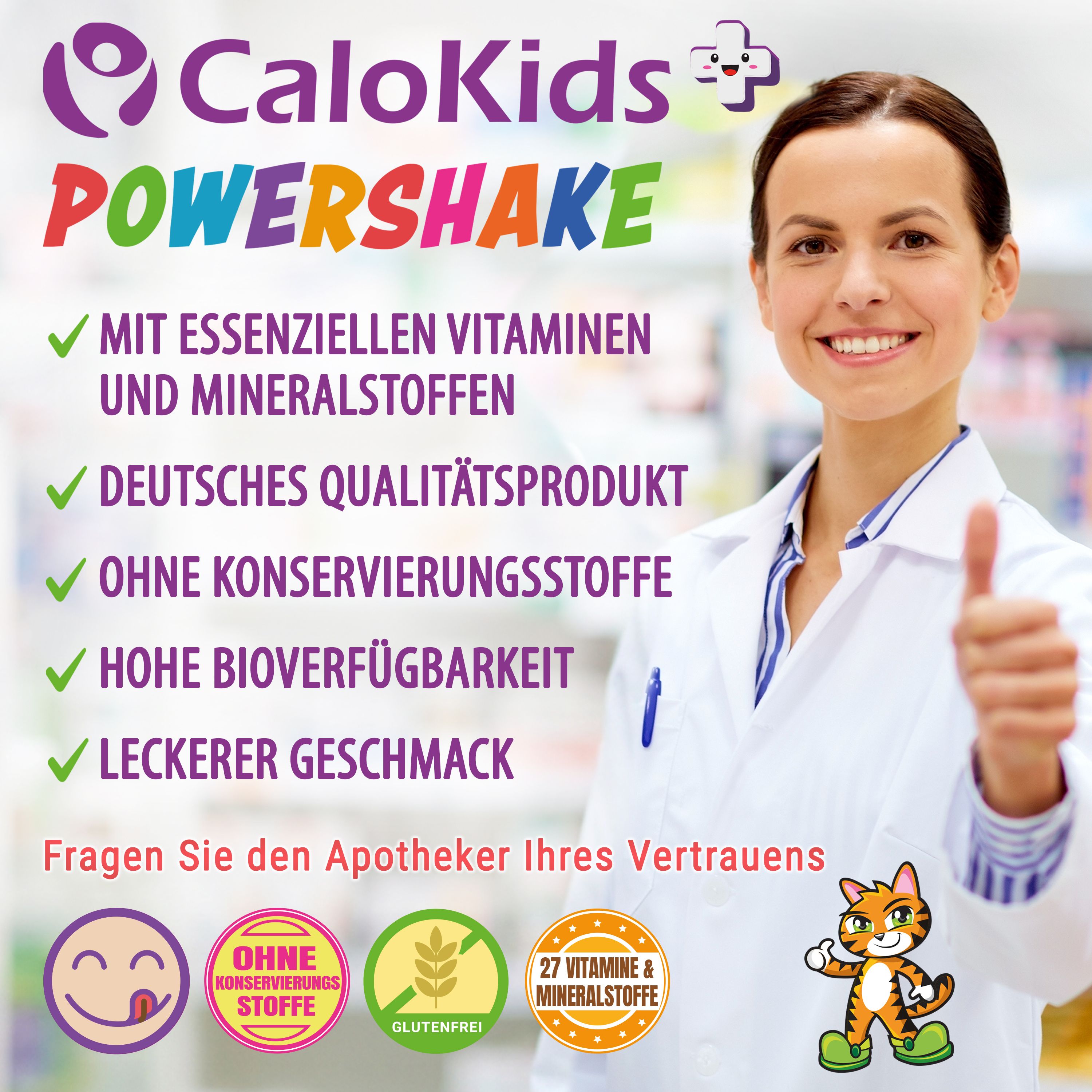 Ärztin mit Daumen hoch, CaloKids PowerShake-Logo, Text: Vitamine, Mineralstoffe, deutsches Qualitätsprodukt.