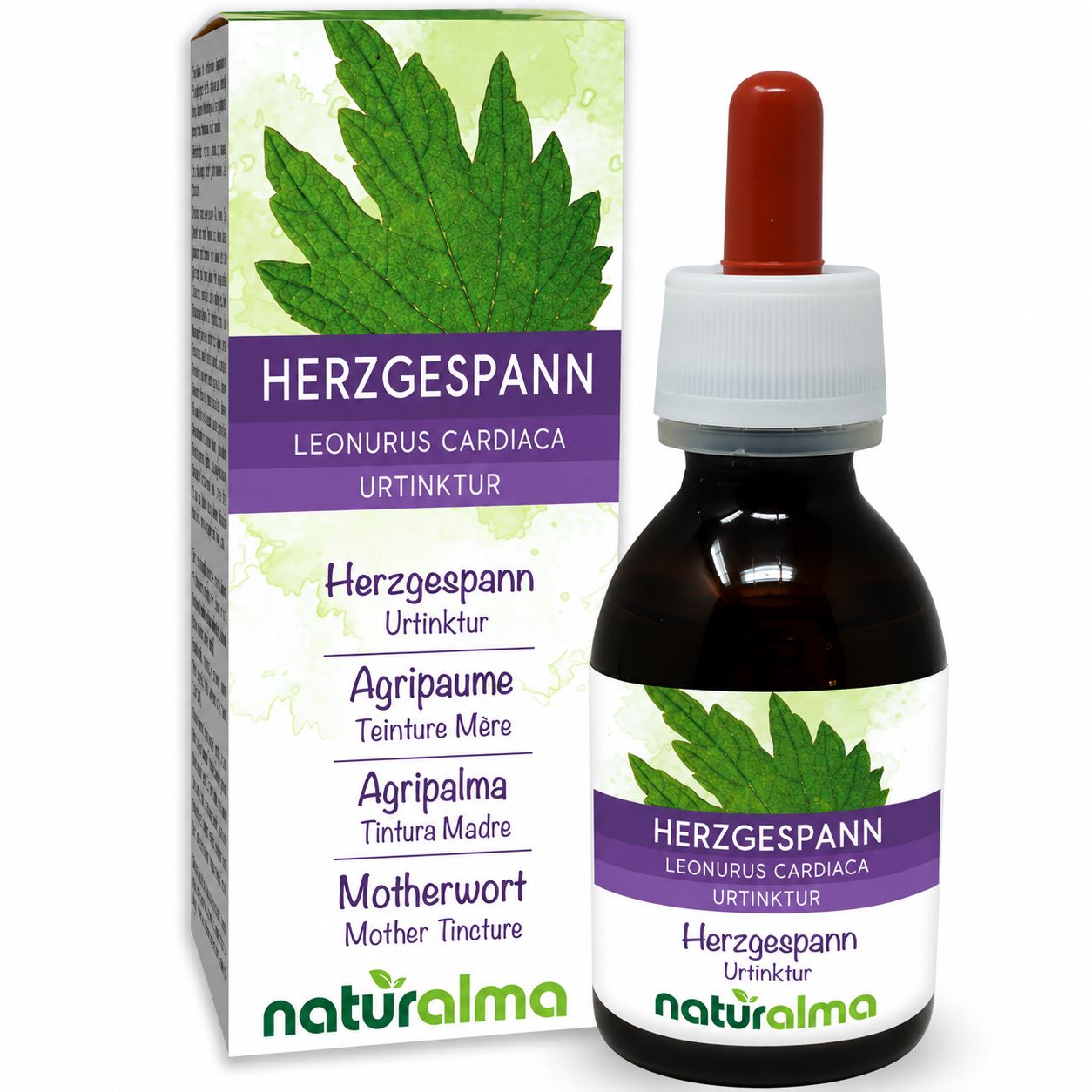 Herzgespann Urtinktur von Naturalma in einer Braunglasflasche mit Pipettenverschluss und Faltschachtel.
