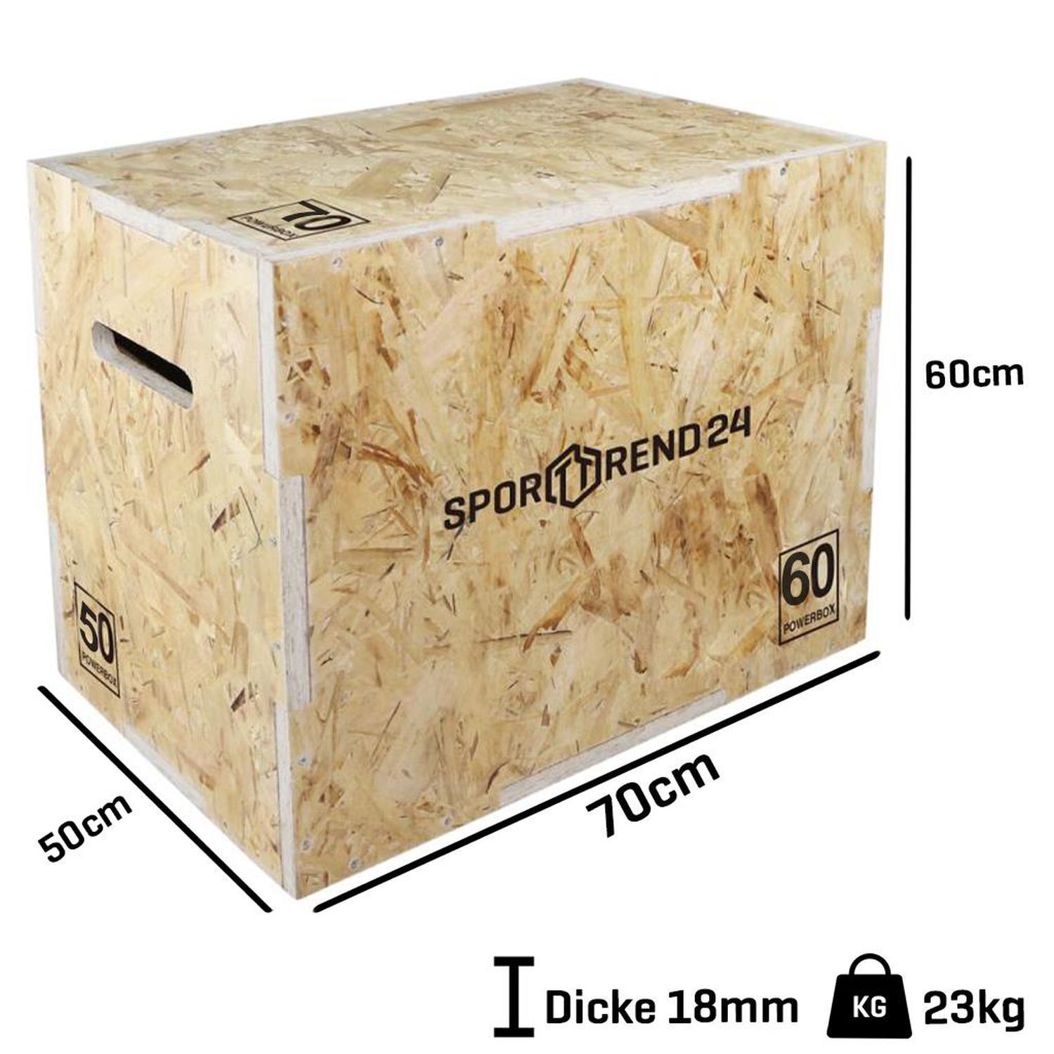 Holz-Plyo-Box mit Griffen und Aufdrucken. Aufschrift: Sporttrend24. Seiten mit Zahlen 50, 60, 70. Abmessungen: 50x60x70cm. Dicke 18mm, 23kg.