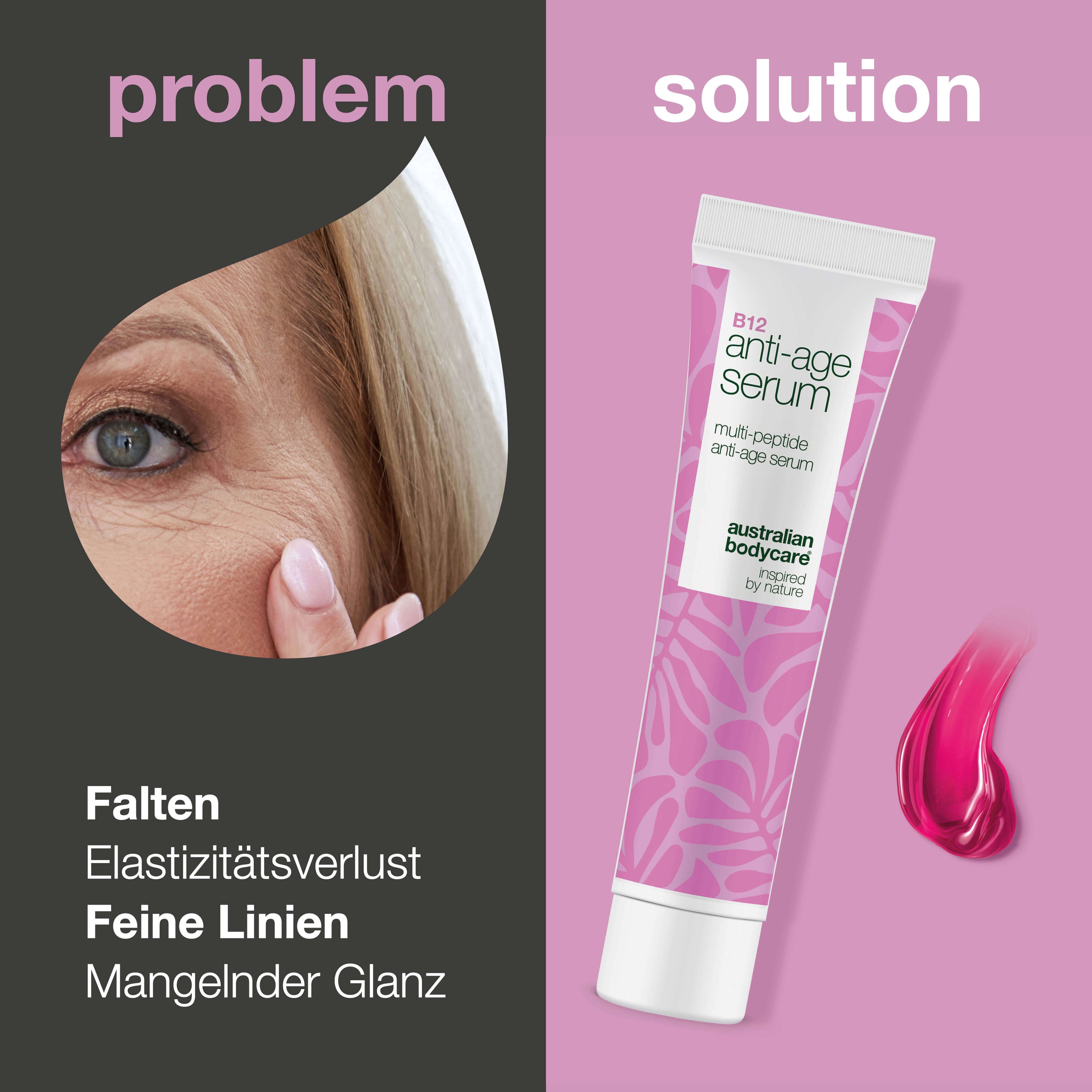 Gesicht mit Falten neben Tube Serum. Aufschrift: B12 Anti-Age Serum, Australian Bodycare. Rosa Serum-Tropfen.