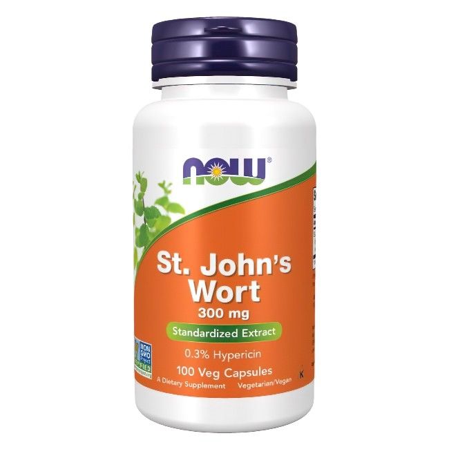 Weiße Flasche mit blauem Deckel. Etikett mit Text: St. John's Wort, 300 mg, 100 Veg Capsules, NOW Logo.