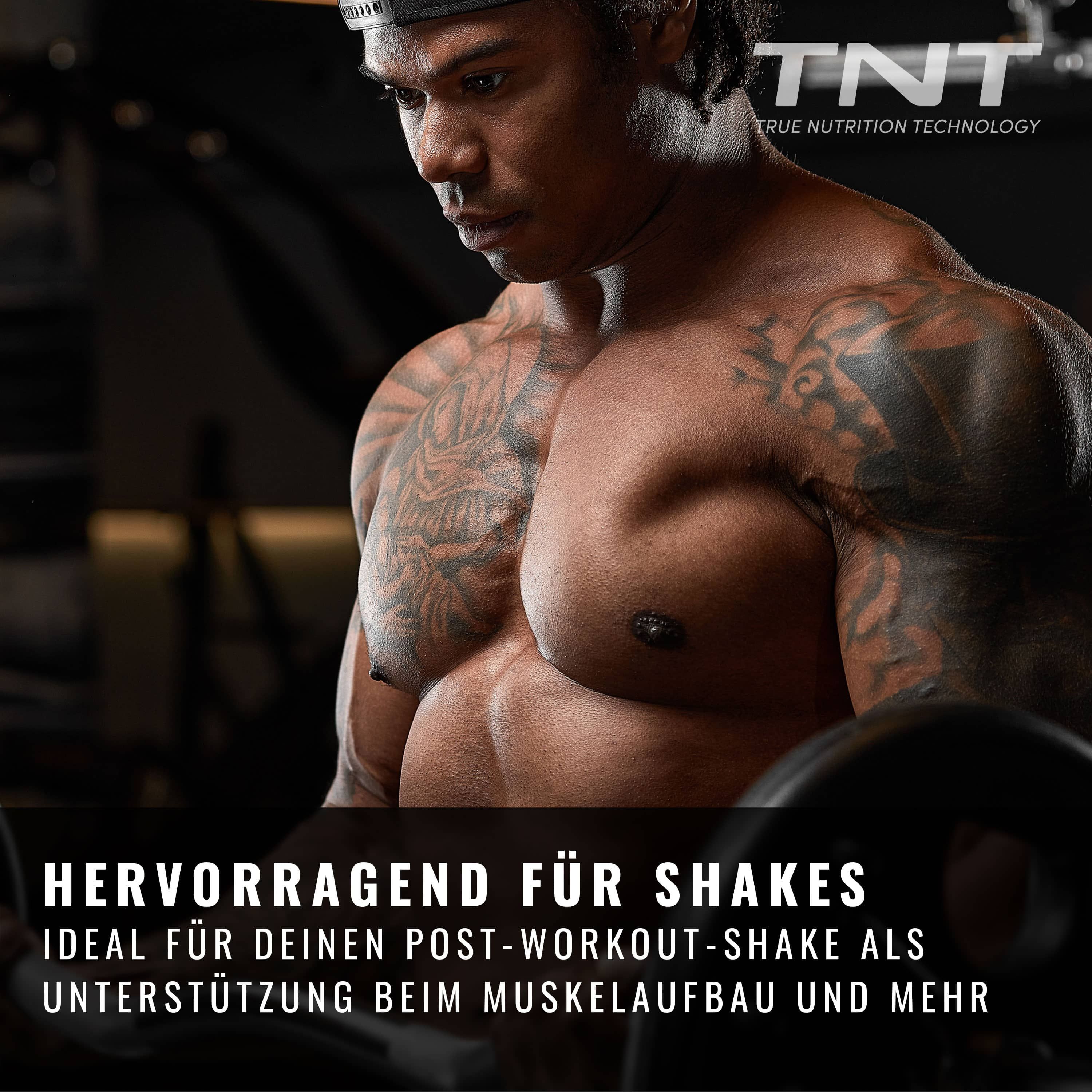 Muskulöser Mann mit Hantel. Aufschrift: Hervorragend für Shakes, ideal für Post-Workout-Shake zur Muskelunterstützung.