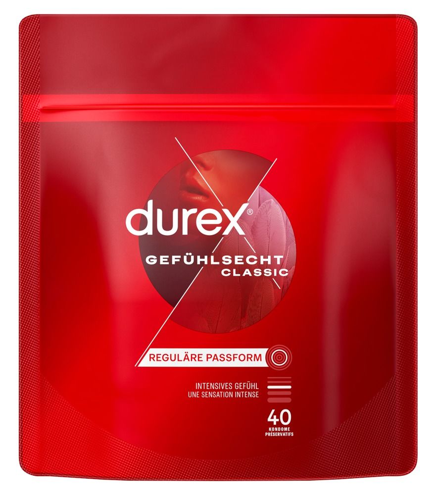 Rote Durex Gefühlsecht Classic Kondom-Packung, 40 Stück, mit Feder-Symbol.