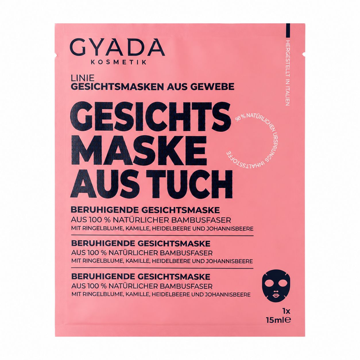 GYADA COSMETICS Gesichtsmaske aus 100% natürlicher Bambusfaser, beruhigend, mit Calendula, Kamille, Heidelbeere und Rispen.