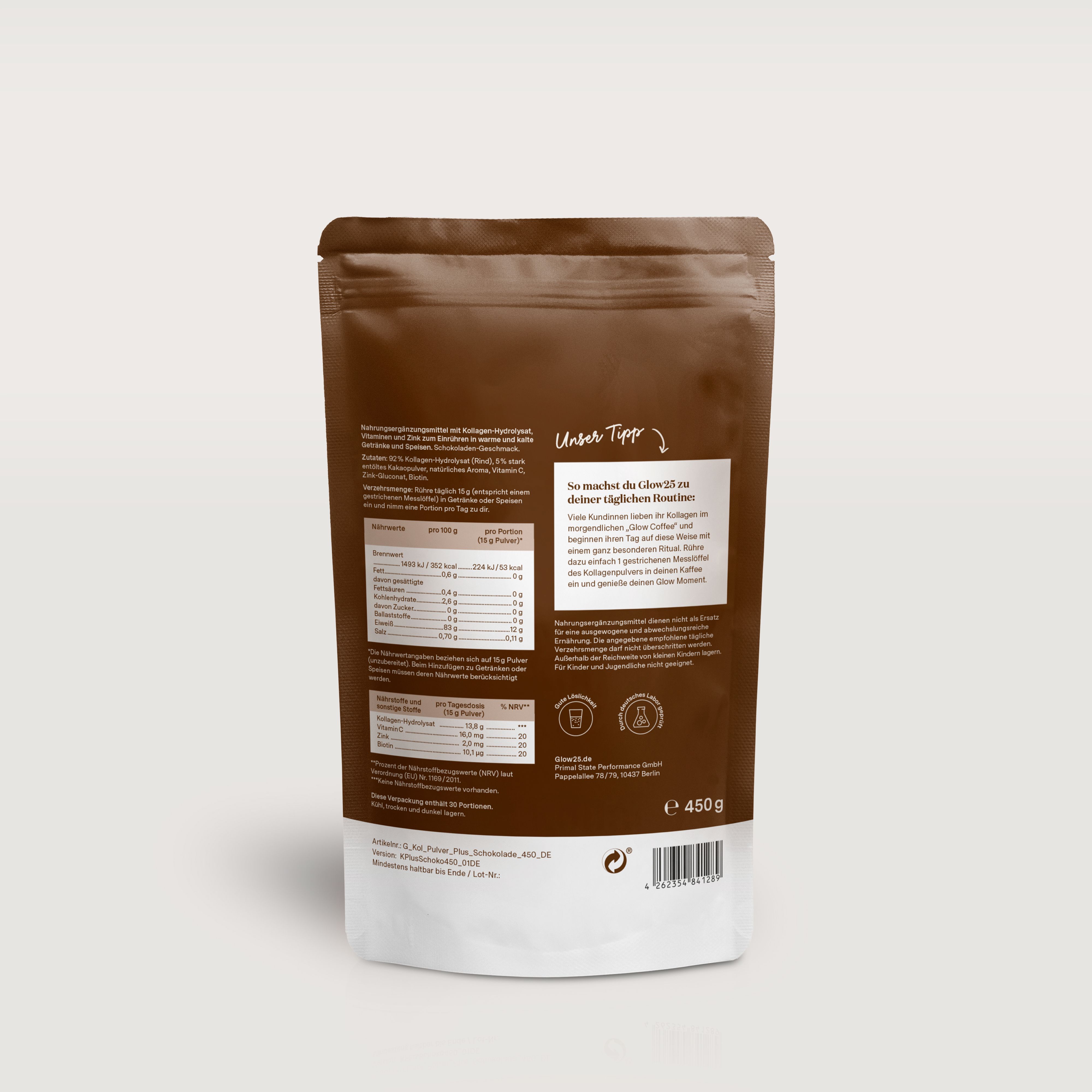 Rückseite der Produktverpackung. Text: Nährwertangaben, Zutaten, Hinweise. Enthält 450g. Zertifizierungen und Logos.