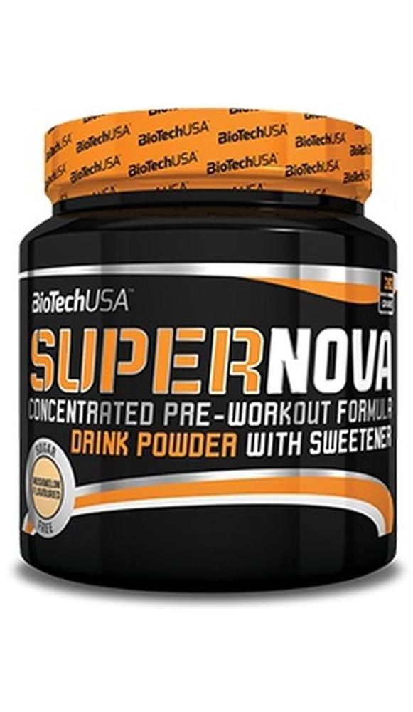 Schwarze Dose mit orangefarbenem Deckel. Aufschrift SUPERNOVA, konzentriertes Pre-Workout-Pulver mit Süßstoff. Marke BioTechUSA.