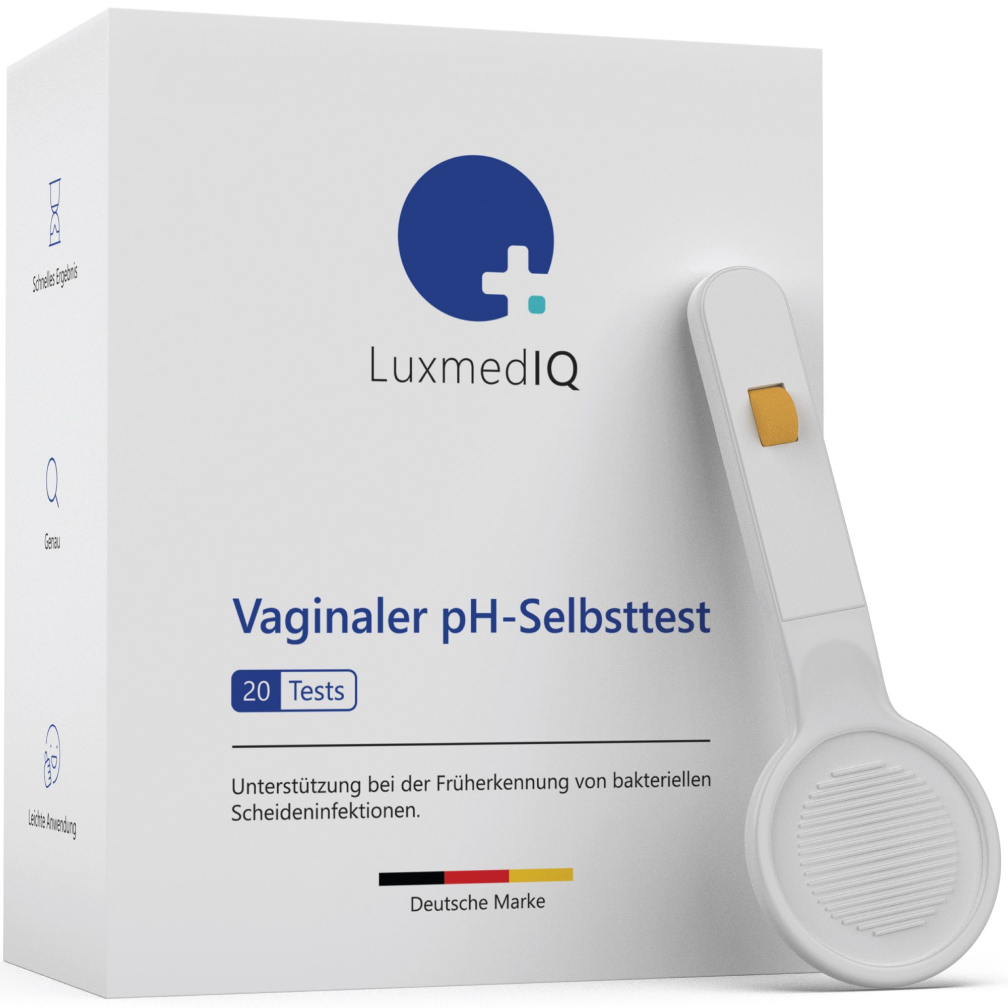 Weiße Produktverpackung mit Logo und Schriftzug "LuxmedIQ Vaginaler pH-Selbsttest". Enthält einen Testapplikator.
