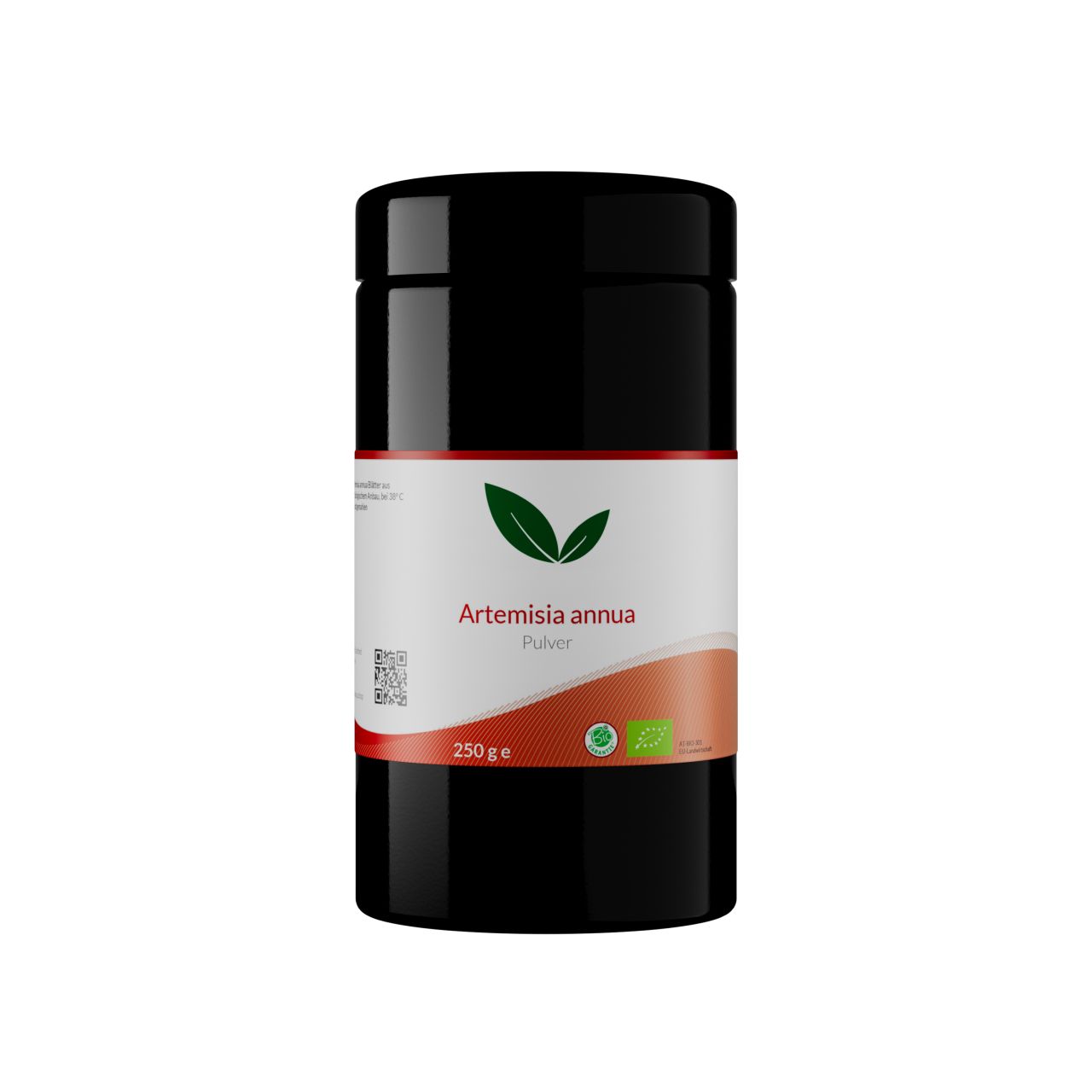Schwarzer Behälter mit Etikett für Artemisia annua Pulver, 250g. Bio-Siegel sichtbar.