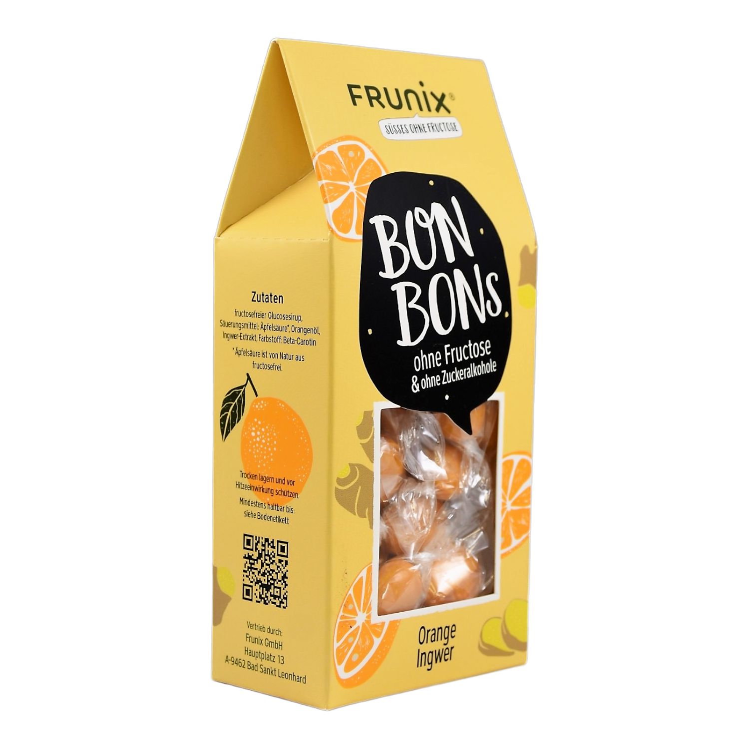 Gelbe Verpackung mit Bonbons. Aufschrift: BON BONS ohne Fructose & ohne Zuckeralkohole. Orange Ingwer. Sichtfenster mit Bonbons.