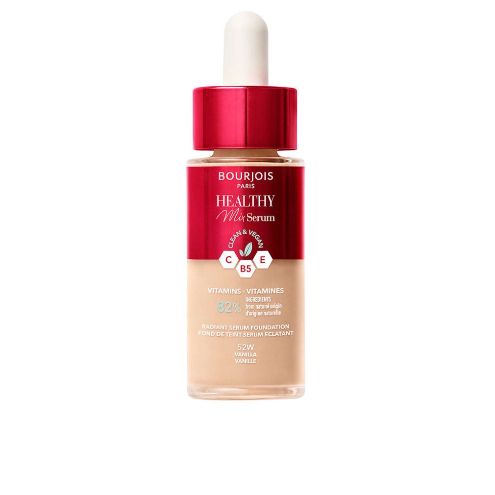 Foundation-Serum in Glasflasche mit Pipette. Roter Deckel, transparente Basis. Aufschrift: Bourjois Healthy Mix Serum, Farbton 52W Vanille.