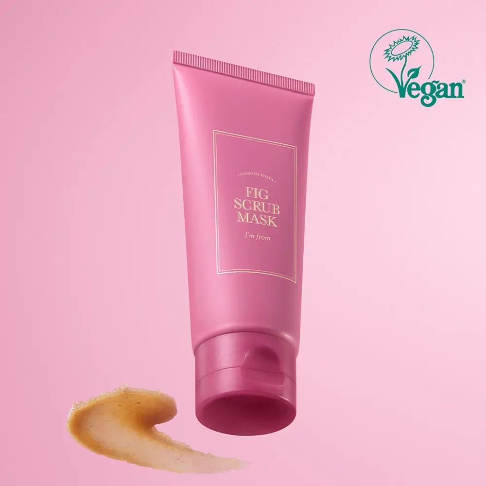 Rosa Tube mit Produktnamen und Schriftzug. Aufschrift: FIG SCRUB MASK, I'M FROM. Vegan-Siegel. Produktprobe.