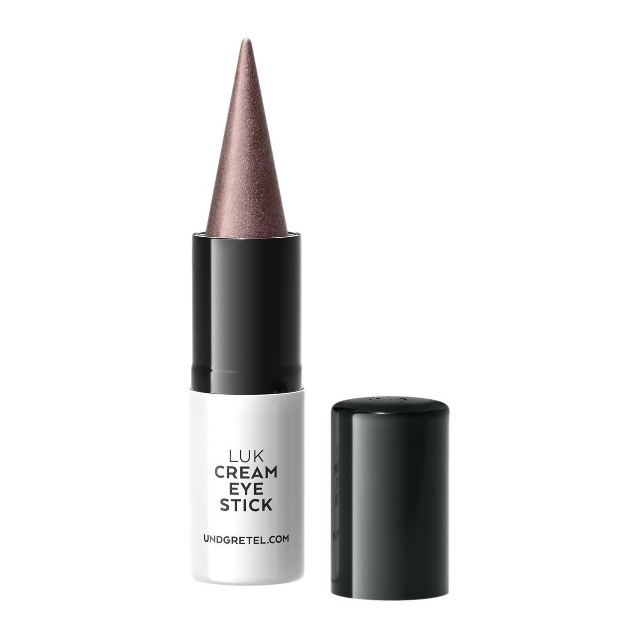 LUK Cream Eye Stick, Rose 04, mit schwarzem Deckel. Weißer Behälter mit Produktbezeichnung. Spitze in Rosébraun.