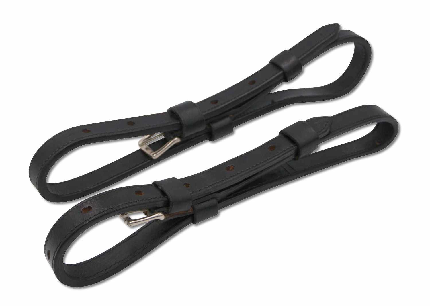 Zwei schwarze Lederriemen mit Metallschnallen.