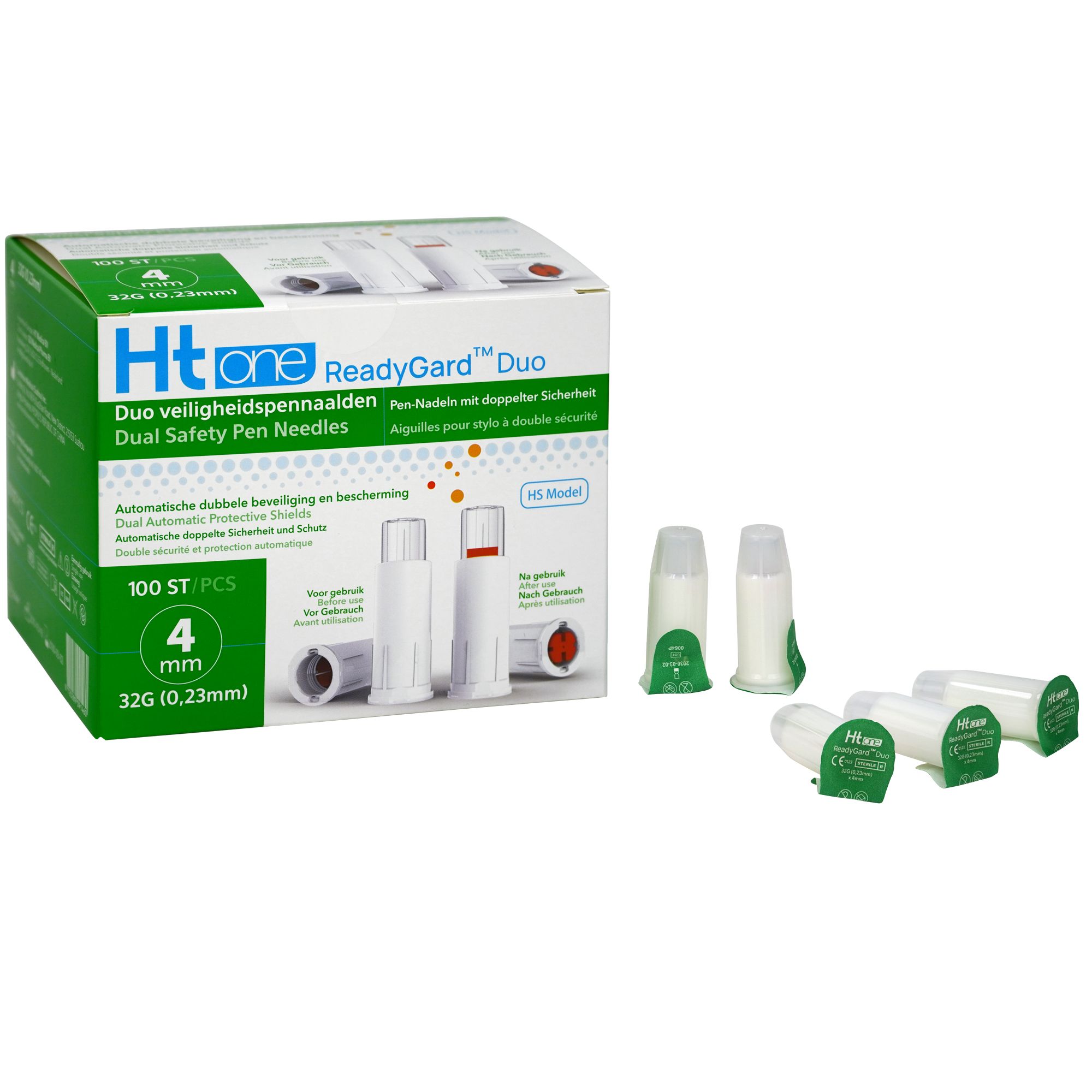 Verpackung von Ht one ReadyGard Duo Sicherheitsnadeln. Einige Nadeln liegen daneben. 4 mm, 32G. Produktname und Details sichtbar.