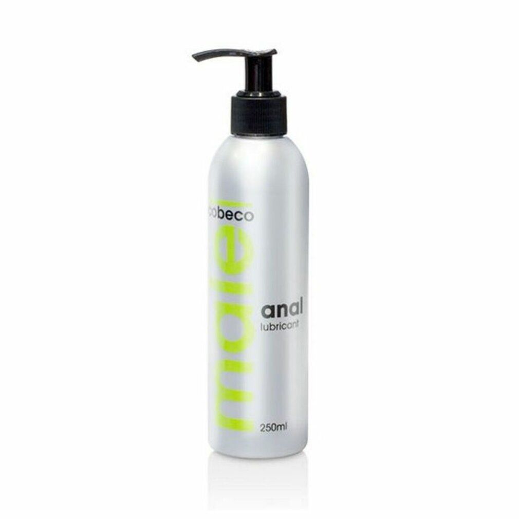 Silberne Flasche mit schwarzem Pumpkopf. Aufschrift: male anal lubricant. Volumen: 250ml.