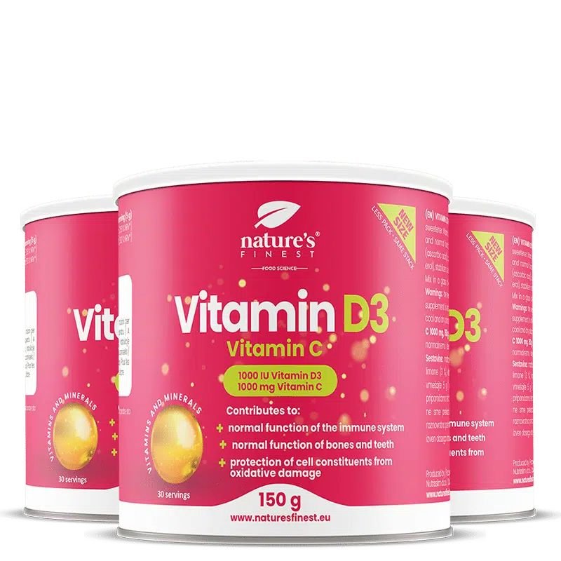 Drei Dosen Nature's Finest Vitamin D3 und Vitamin C Pulver. Jede Dose enthält 150g und 30 Portionen.