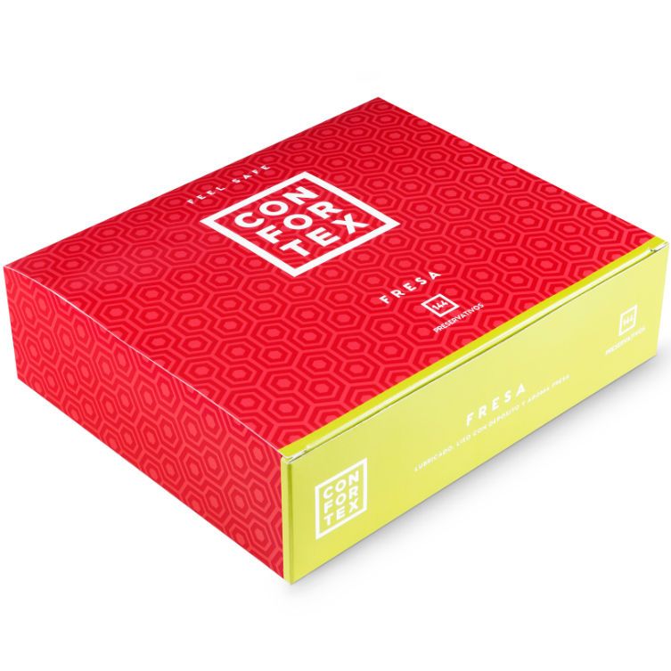 Rote Schachtel mit sechseckigem Muster. Weißes Logo CONFORTEX. Text FRESA. Gelbe Seite und Unterseite.