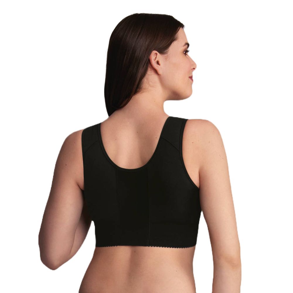 Schwarzer Kompressions-BH mit Vorderverschluss. Rückansicht. Schulterträger und breites Unterbrustband. Spitze am Saum.