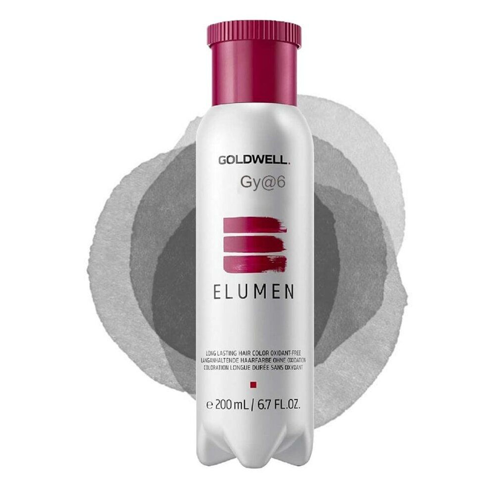 Goldwell Elumen gy@6 Haarfarbe. Flasche mit rotem Deckel und Etikett. Volumen: 200ml. Hintergrund: Aquarell.