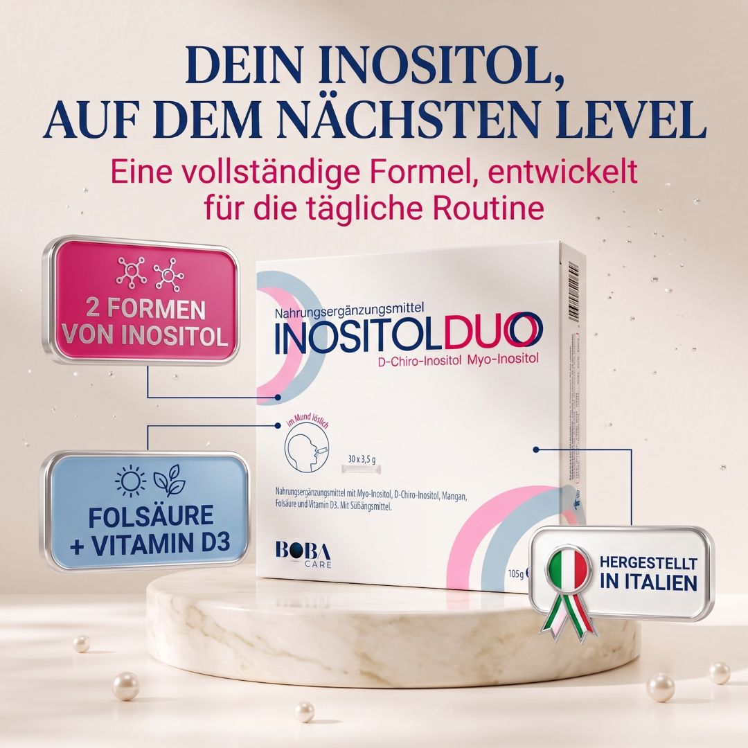 BOBACARE Inositol Duo Verpackung mit Infoboxen zu 2 Inositolformen, Folsäure, Vitamin D3 und Herkunft Italien.