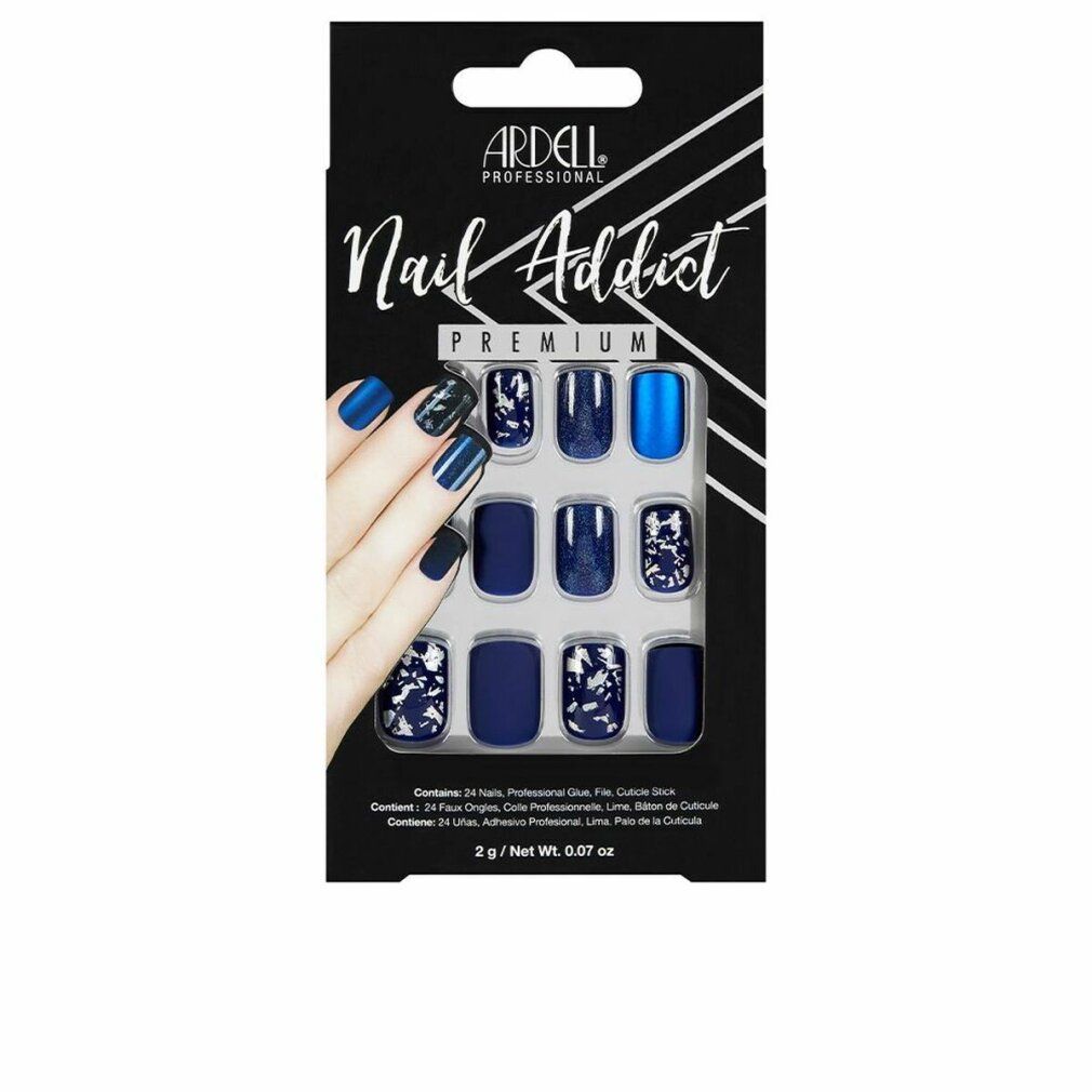 Ardell Nail Addict Premium: 24 blaue und gemusterte Kunstnägel in verschiedenen Designs.