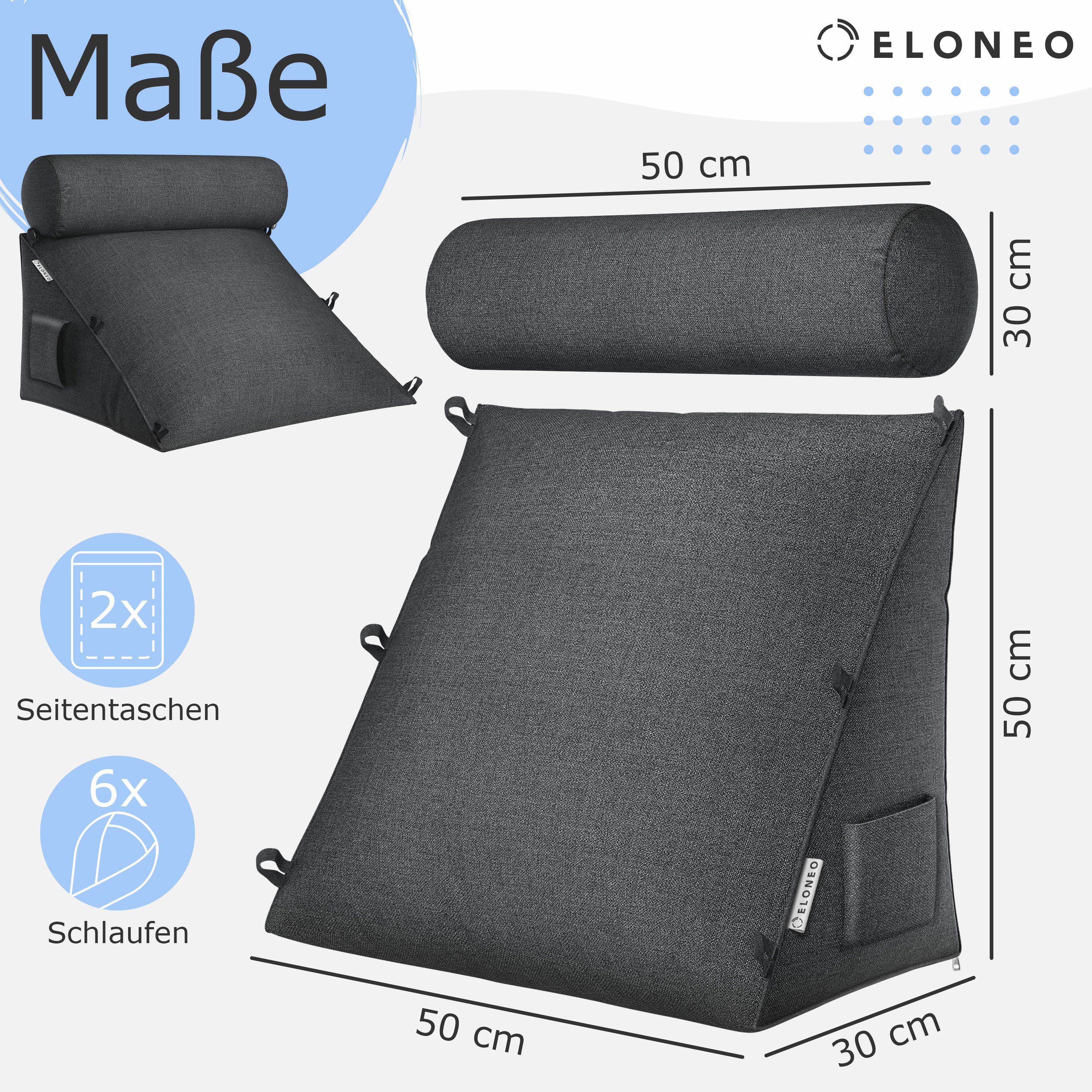 Graues Keilkissen mit abnehmbarer Nackenrolle, Maße 50x50x30 cm, mit Seitentaschen und Schlaufen.
