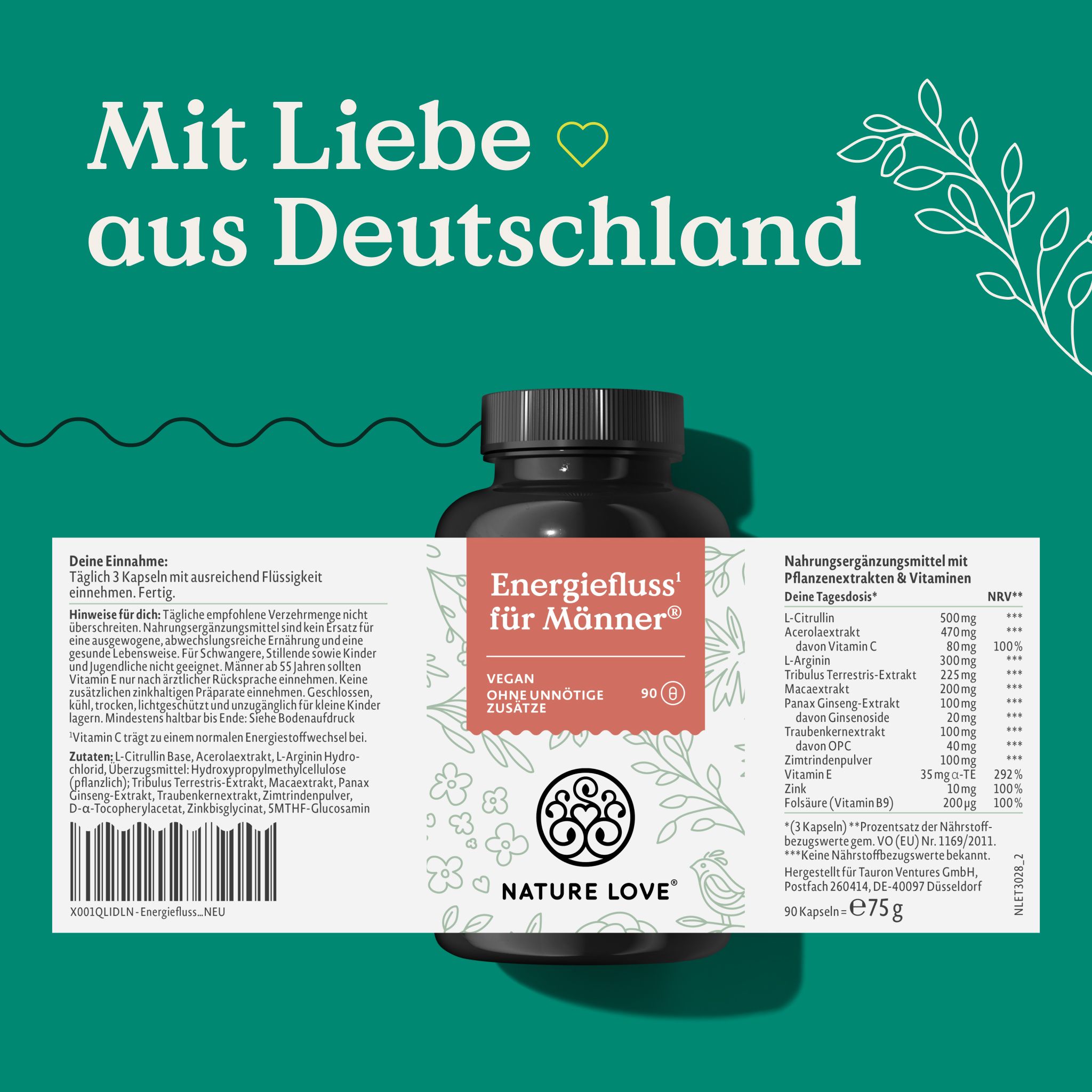 Braune Flasche mit rotem Etikett. Aufschrift: Energiefluss für Männer. Marke: NATURE LOVE®. Vegan, ohne Zusätze. Nährwerttabelle.