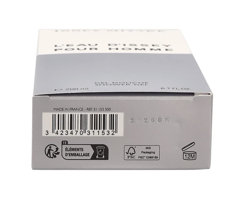 Weißes Duschgel. Schriftzug: L'Eau d'Issey pour Homme, Gel Douche, Shower Gel. Marke: Issey Miyake.