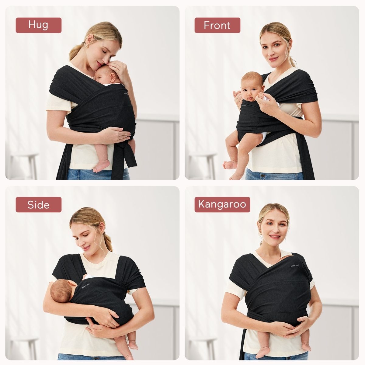 Vier Bilder zeigen verschiedene Tragepositionen mit schwarzem Babytragetuch. Mutter und Baby.