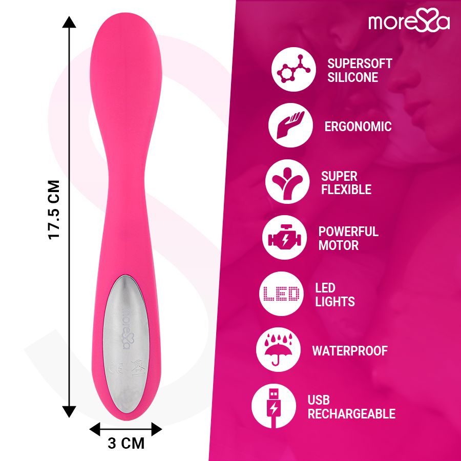 Pinker Vibrator, 17.5 cm lang, 3 cm breit. Merkmale: Silikon, ergonomisch, flexibel, wasserdicht, USB-aufladbar.