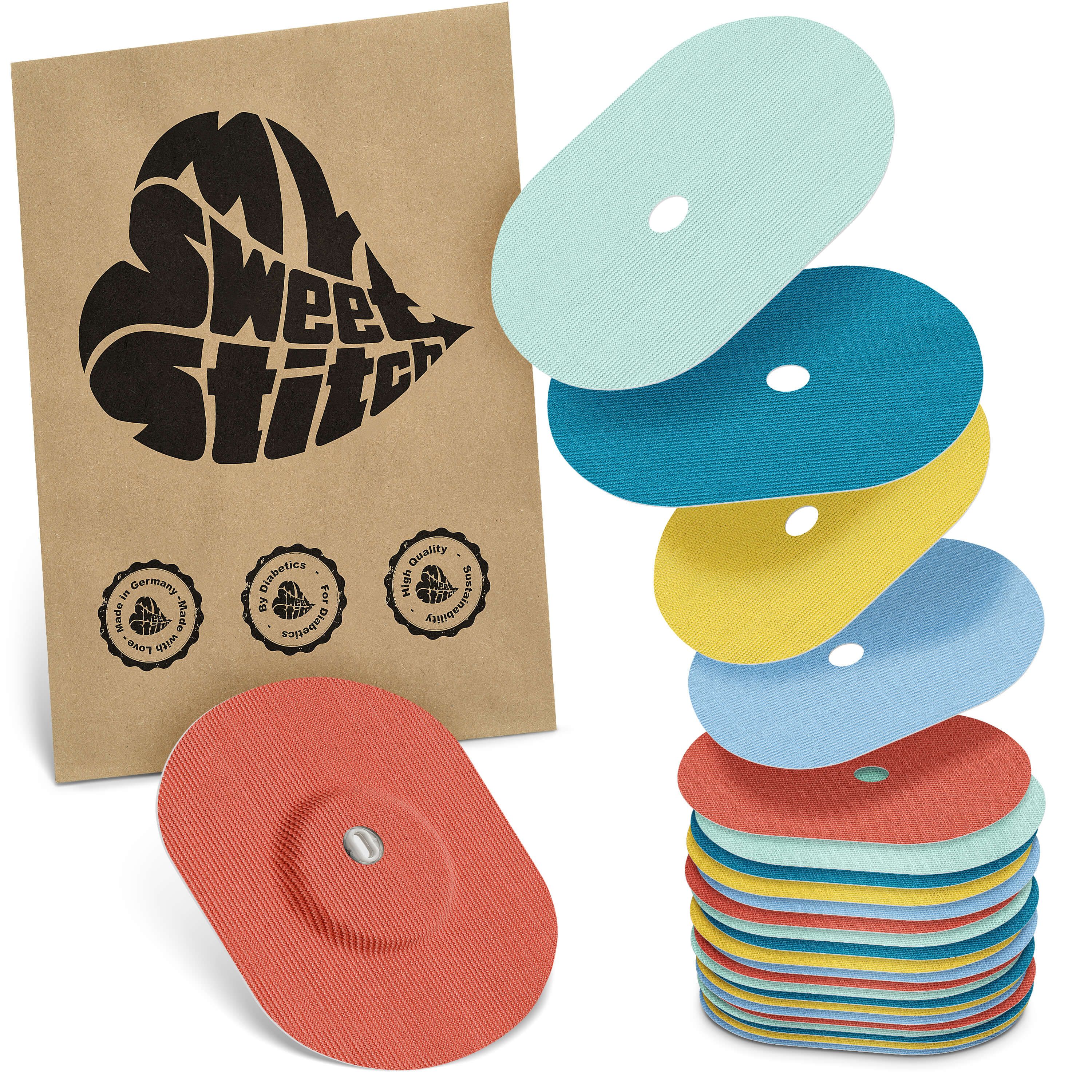 Beutel mit Logo und farbigen, ovalen Pflastern mit Loch. Einige Pflaster sind gestapelt, andere schweben. Aufschrift: MySweetStitch.