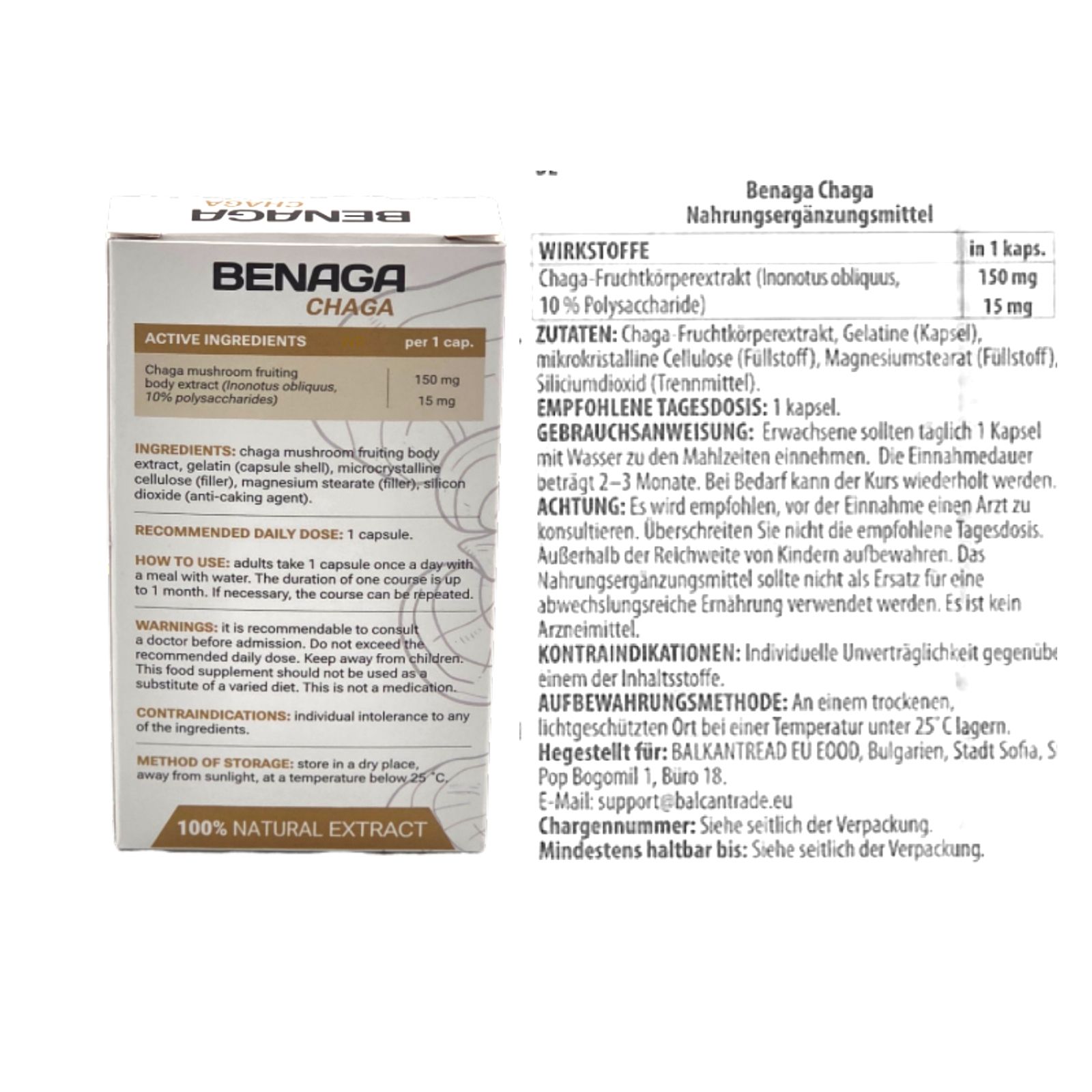 Produktinformationen auf weißem Hintergrund. Text: "BENAGA CHAGA", Inhaltsstoffe, empfohlene Tagesdosis, Gebrauchsanweisung, Warnhinweise, Lagerung.