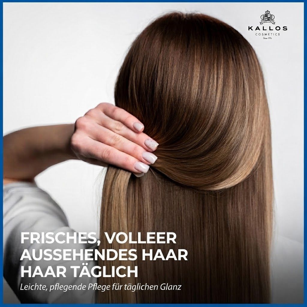 Frau mit langen, gepflegten Haaren, die sich durch die Haare fährt. Text: Frisches, voller aussehendes Haar täglich.