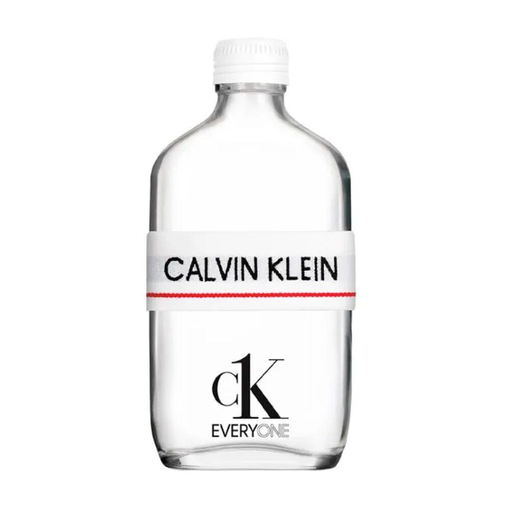 Klarer Flakon mit weißem Verschluss. Auf dem Etikett steht CALVIN KLEIN und ck EVERYONE. Roter Streifen unter dem Markennamen.