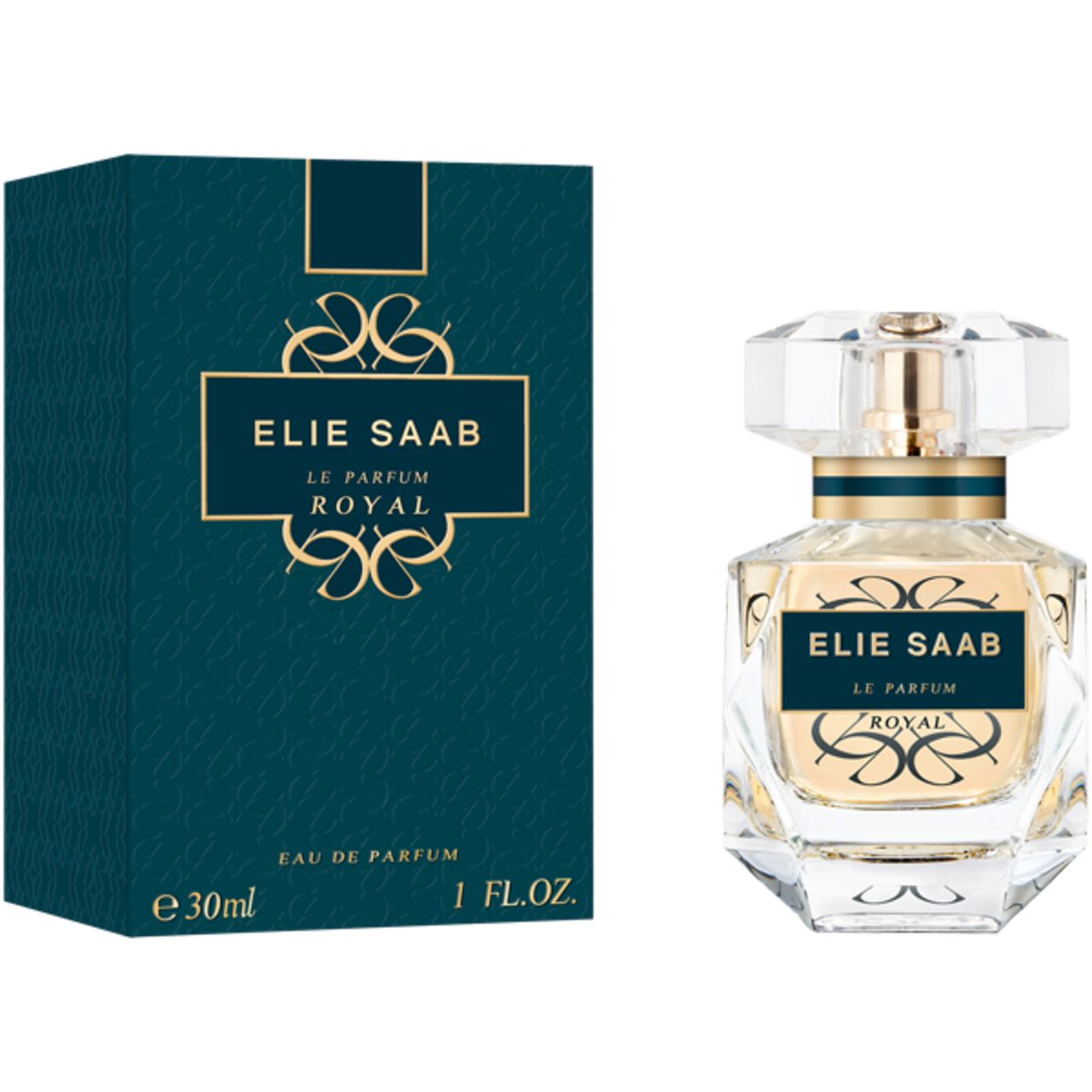 Parfümflakon und Schachtel. Flakon mit blauem Etikett. Schachtel: ELIE SAAB, LE PARFUM ROYAL. 30ml, 1 FL.OZ.