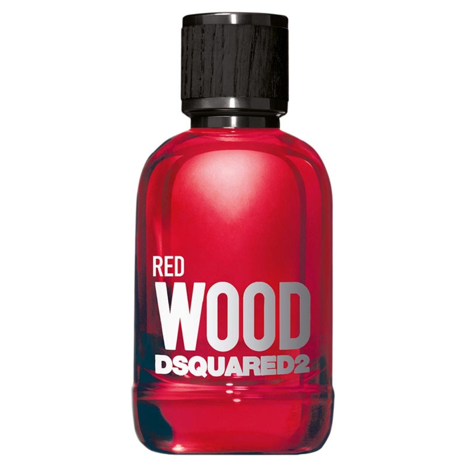 Roter Flakon mit schwarzem Deckel. Aufschrift: RED WOOD DSQUARED2.