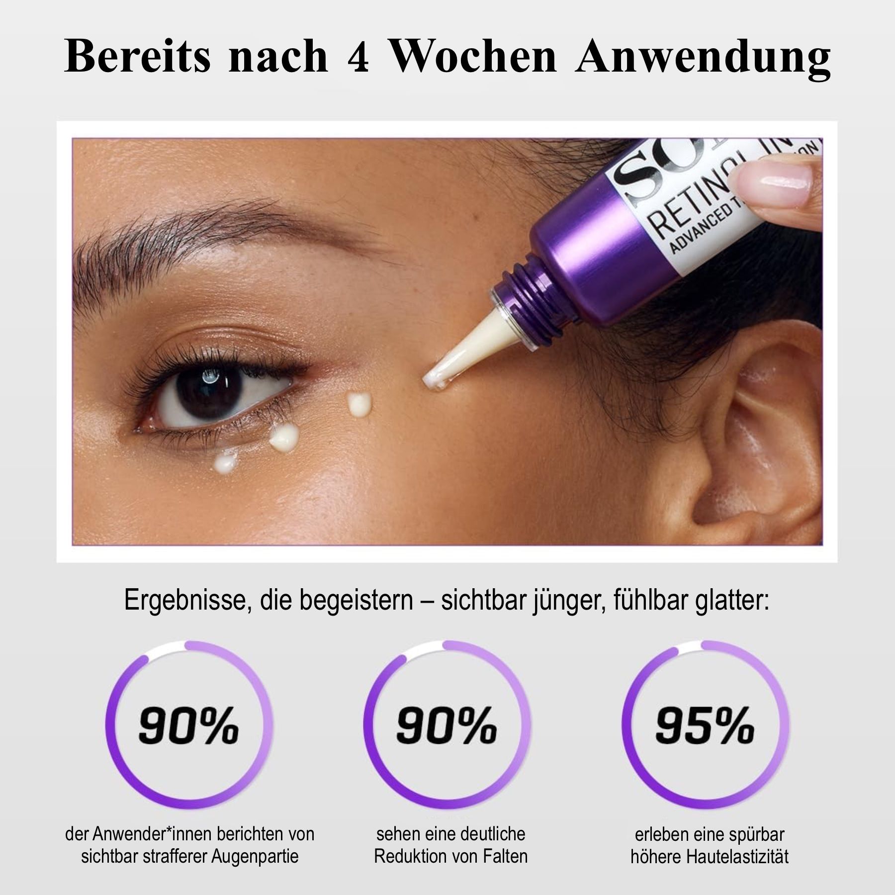 Frau trägt Creme auf. Tube mit Text: SOME BY MI RETINOL INTENSE. Ergebnisse nach 4 Wochen.