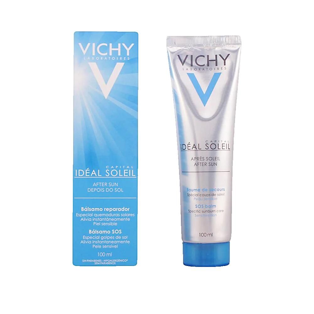 Tube und Schachtel. Tube: VICHY, Idéal Soleil, Après Soleil, SOS balm. Schachtel: VICHY, Idéal Soleil, After Sun, Balsamo SOS. 100ml.