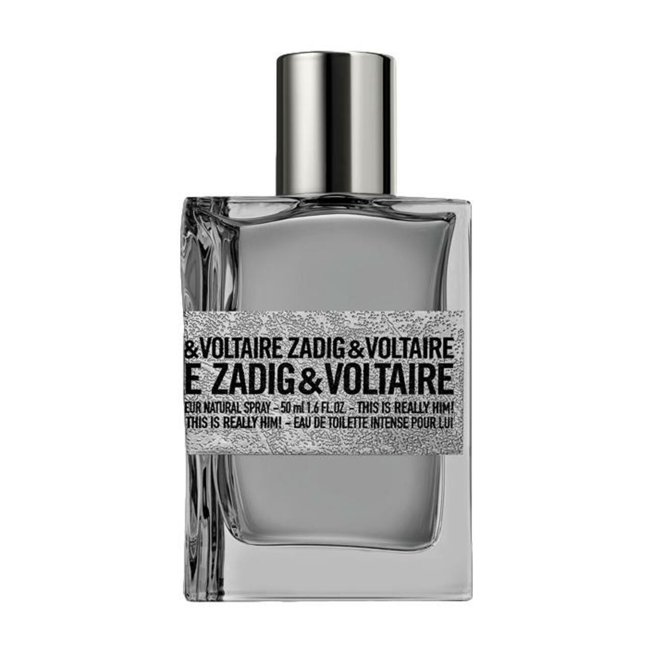 Glasflakon mit silberfarbenem Verschluss. Aufschrift: Zadig & Voltaire, This Is Really Him! EdT Intense Nat. Spray.