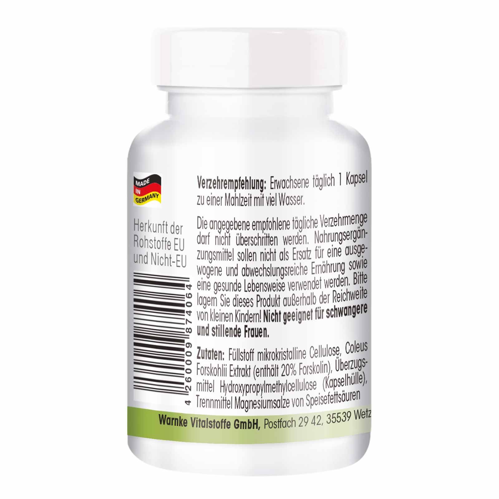 Rückseite der Kapsel-Dose. Text: Verzehrempfehlung, Inhaltsstoffe, Warnke Vitalstoffe GmbH. Made in Germany.