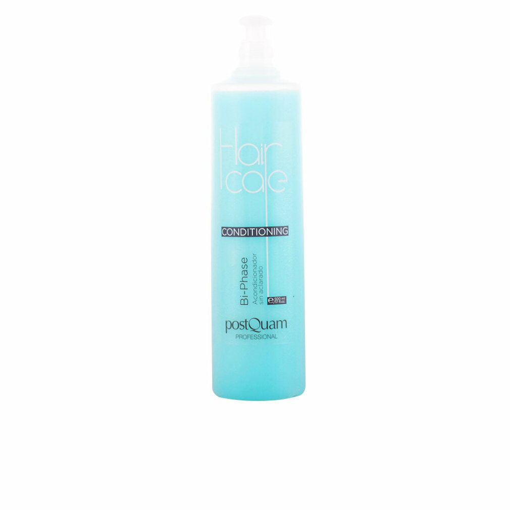 Hohe, blaue Flasche mit weißem Deckel. Aufschrift: Hair Care, Conditioning, Bi-Phase, Postquam Professional.