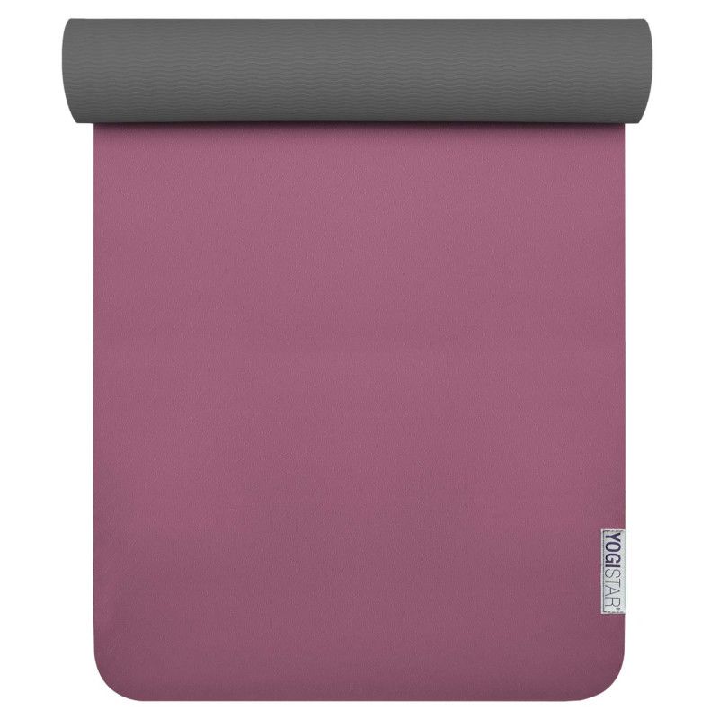 Yogamatte, rosa mit grauem Rollteil. Auf der Matte ist der Schriftzug YOGISTAR zu sehen.